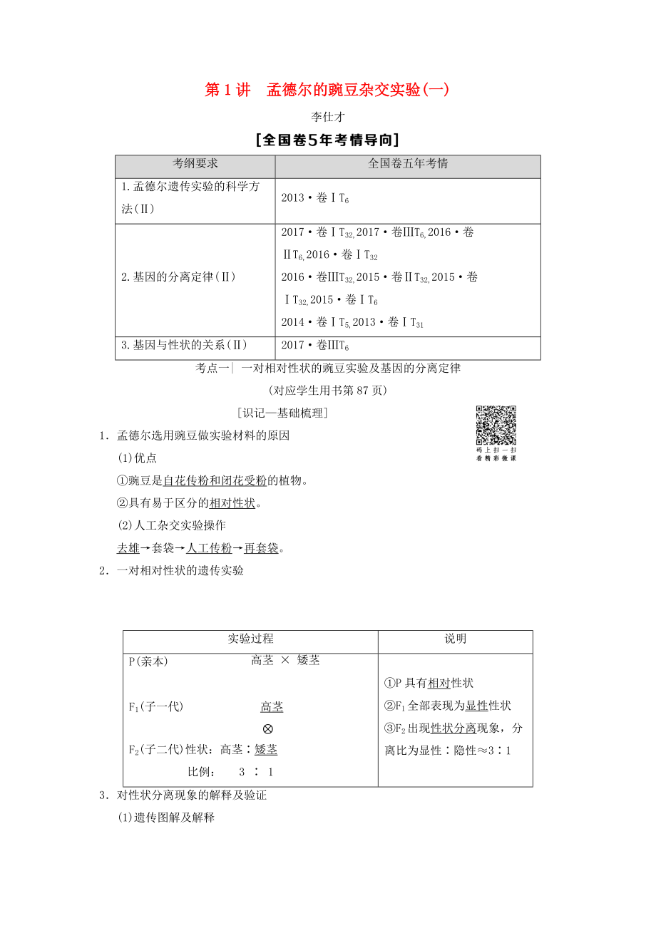 山東省高考生物 第5單元 遺傳定律和伴性遺傳1孟德爾的豌豆雜交實(shí)驗(yàn)一導(dǎo)學(xué)案含解析新人教版必修2_第1頁