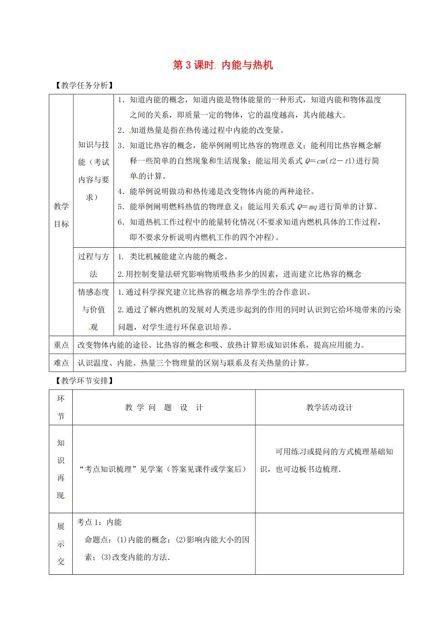 山東省郯城縣中考物理 專題十一 熱學 第3課時 內(nèi)能與熱機復習教案_第1頁