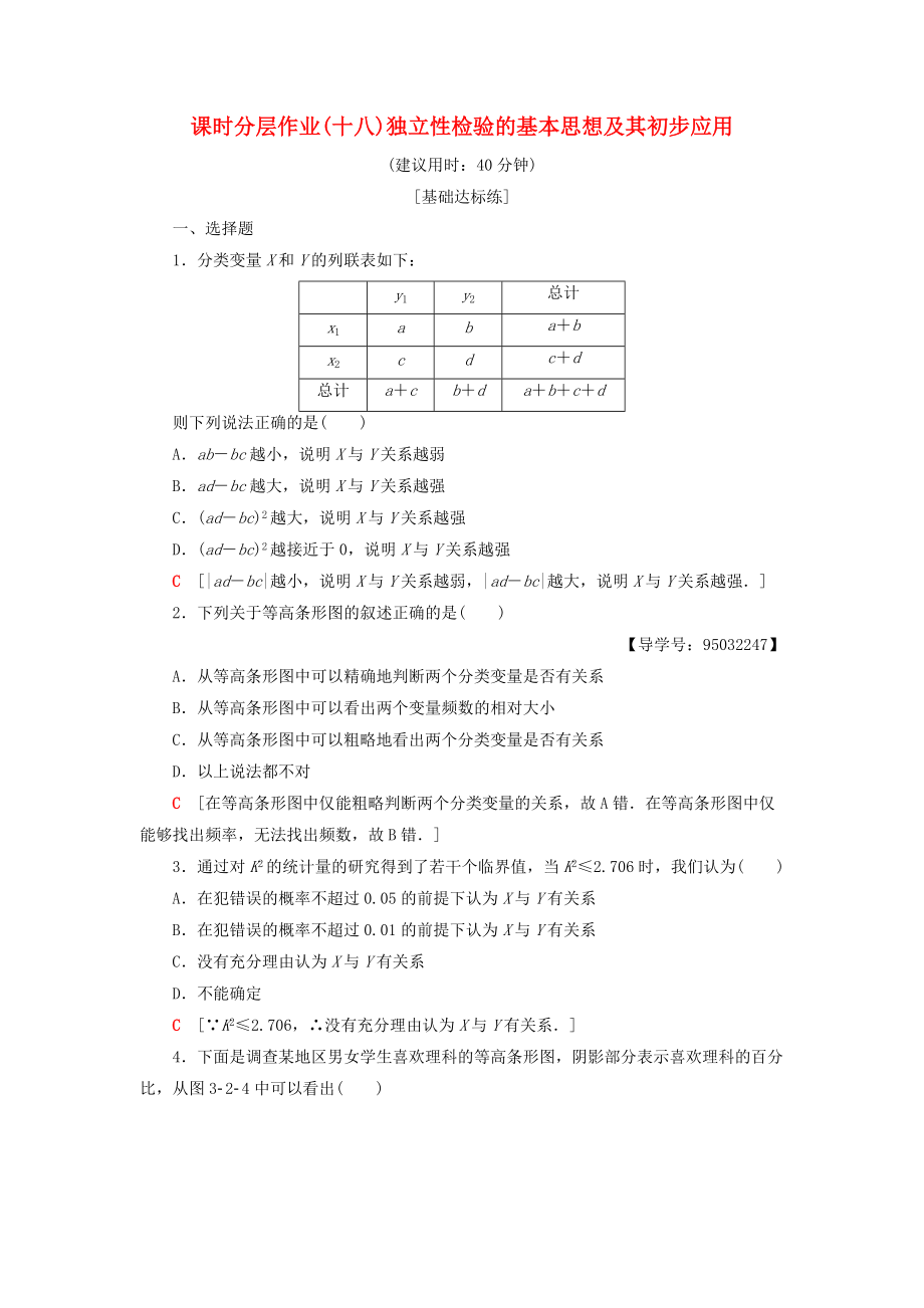 高中數(shù)學 課時分層作業(yè)18 獨立性檢驗的基本思想及其初步應(yīng)用 新人教A版選修23_第1頁