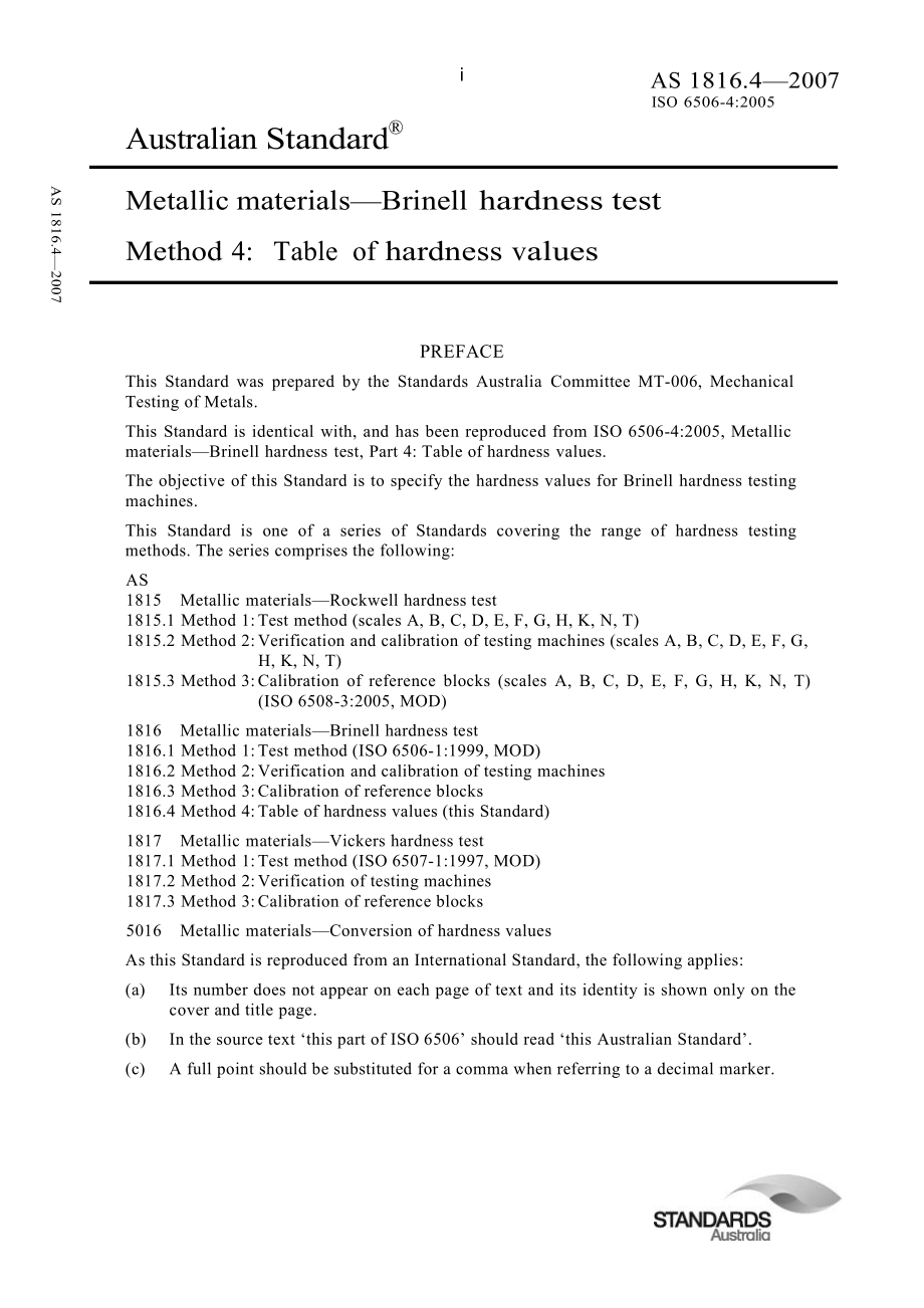 【AS澳大利亚标准】AS 1816.4 Metallic materialsBrinell hardness test Method 4 Table of hardness values_第1页