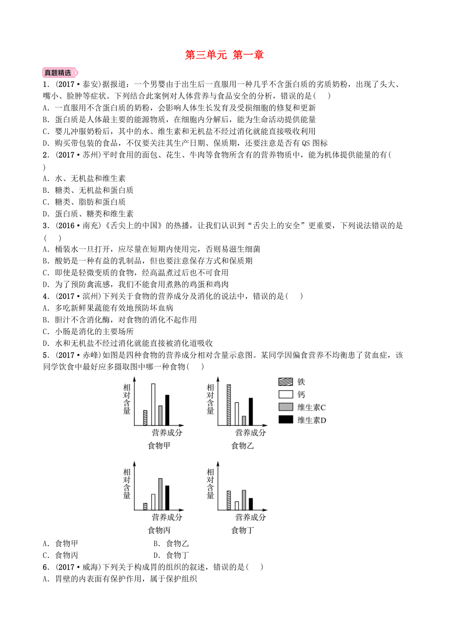 山東省東營市中考生物 實戰(zhàn)演練 七下 第三單元 第一章_第1頁