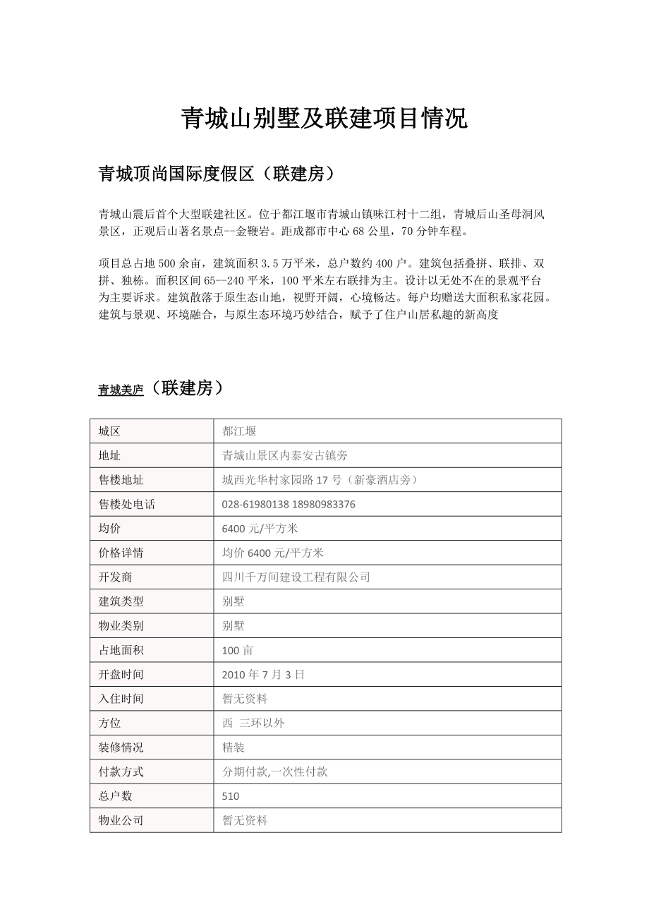 成都青城山、彭州、崇州别墅项目及联建项目资料_第1页