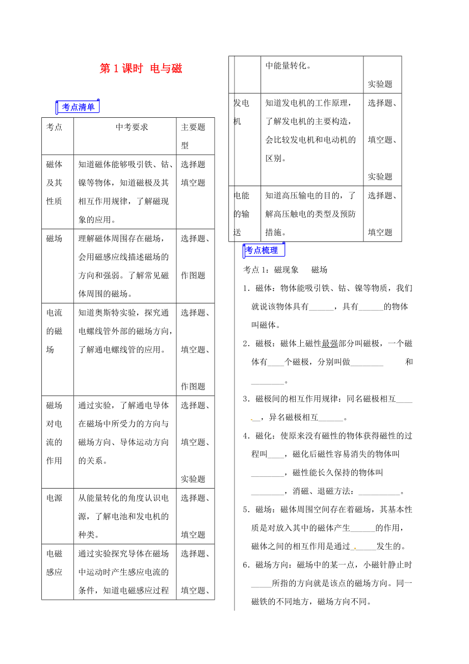 山東省郯城縣中考物理 專題十五 電與磁 第1課時(shí) 電與磁復(fù)習(xí)學(xué)案_第1頁