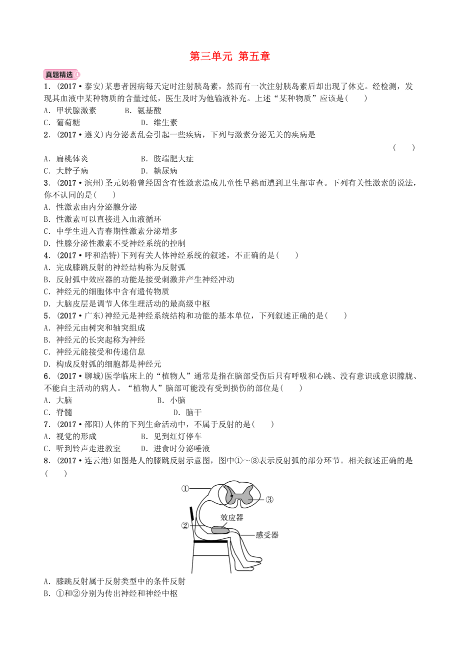 山東省濰坊市中考生物 實戰(zhàn)演練 七下 第三單元 第五章_第1頁