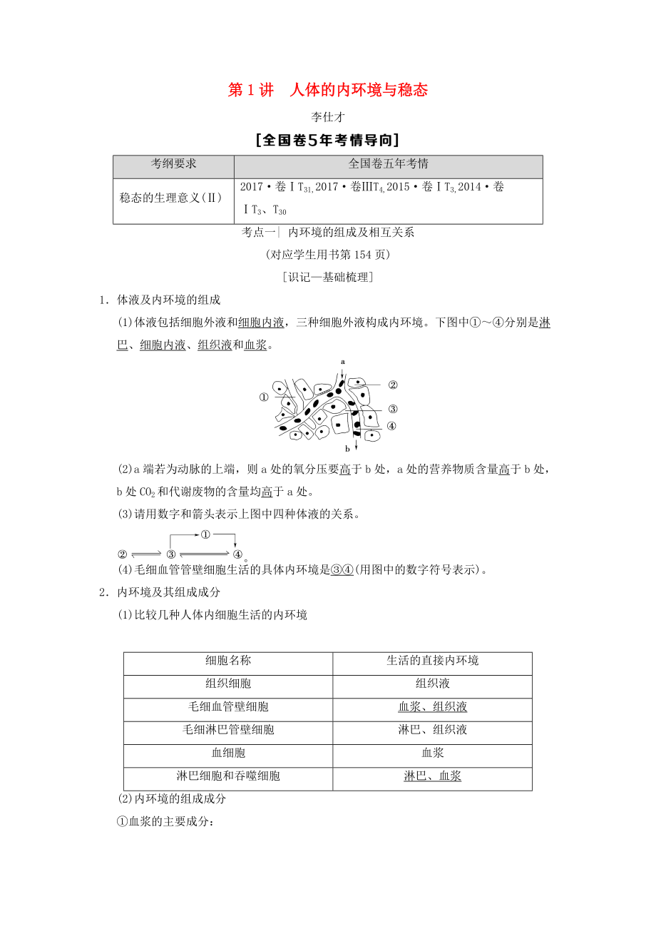 山東省高考生物 第8單元 生命活動的調(diào)節(jié)1人體的內(nèi)環(huán)境與穩(wěn)態(tài)導學案含解析新人教版必修3_第1頁