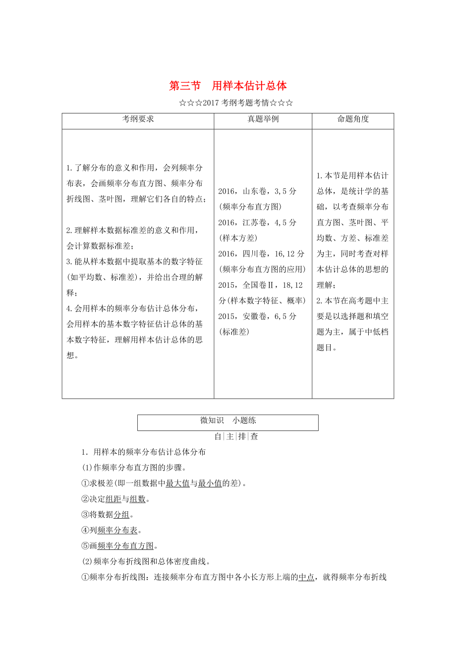 高考數(shù)學(xué)大一輪復(fù)習(xí) 第九章 算法初步、統(tǒng)計(jì)、統(tǒng)計(jì)案例 第三節(jié) 用樣本估計(jì)總體教師用書 理_第1頁