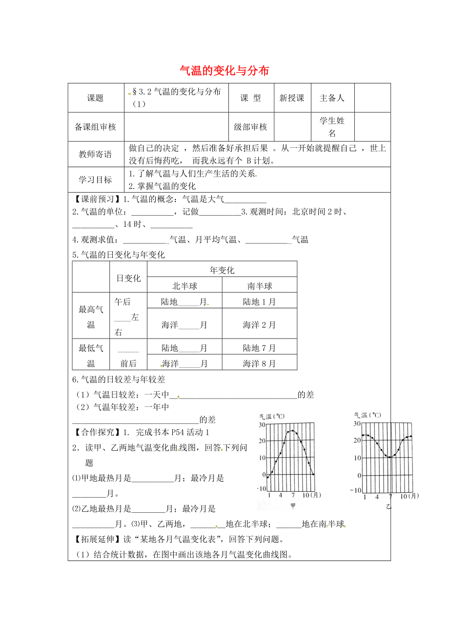 山东省广饶经济开发区七年级地理上册 3.2气温的变化与分布学案1无答案新版新人教版_第1页