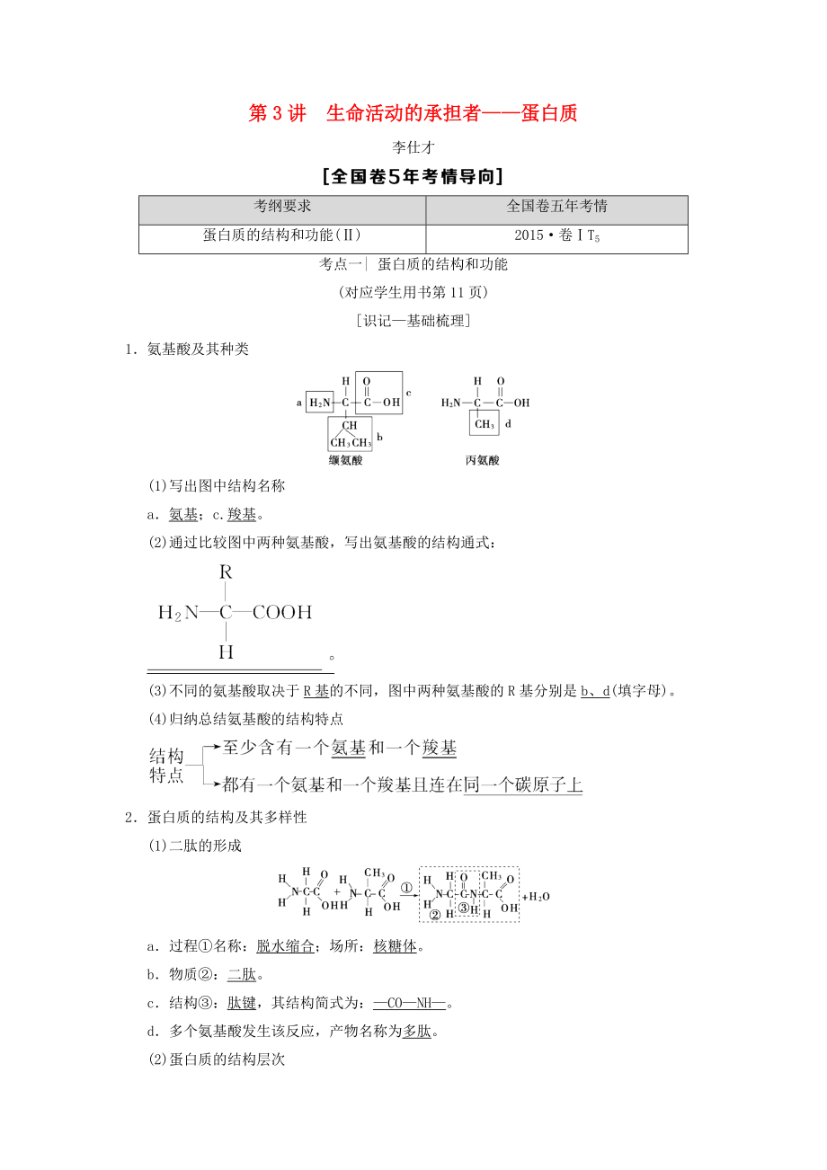 山東省高考生物 第1單元 細(xì)胞及其分子組成3生命活動的承擔(dān)者—蛋白質(zhì)導(dǎo)學(xué)案含解析新人教版必修1_第1頁