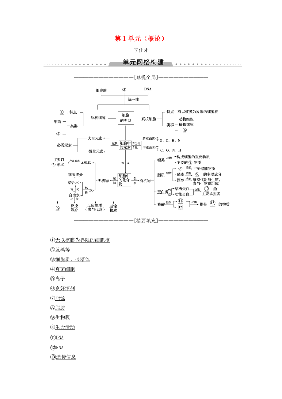 山東省高考生物 第1單元 細(xì)胞及其分子組成概論導(dǎo)學(xué)案含解析新人教版必修1_第1頁