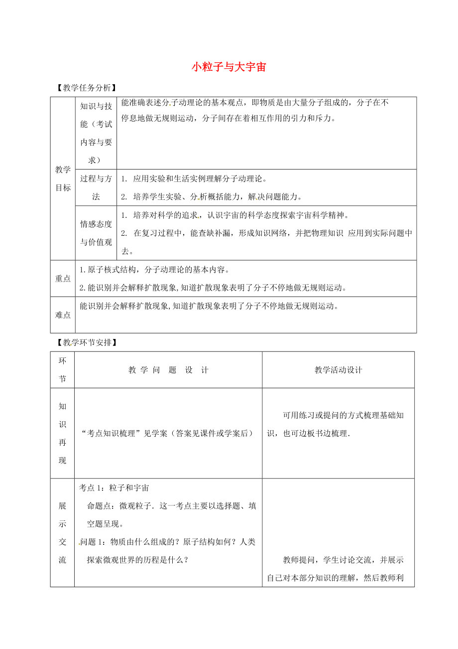 山東省郯城縣中考物理 專題十一 熱學(xué) 第1課時(shí) 小粒子與大宇宙復(fù)習(xí)教案_第1頁