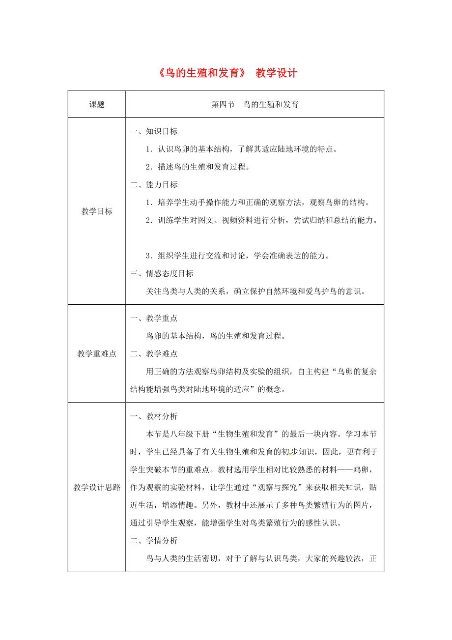 吉林省榆樹市八年級生物下冊 第七單元 第一章 第四節(jié) 鳥的生殖和發(fā)育教案 新版新人教版_第1頁