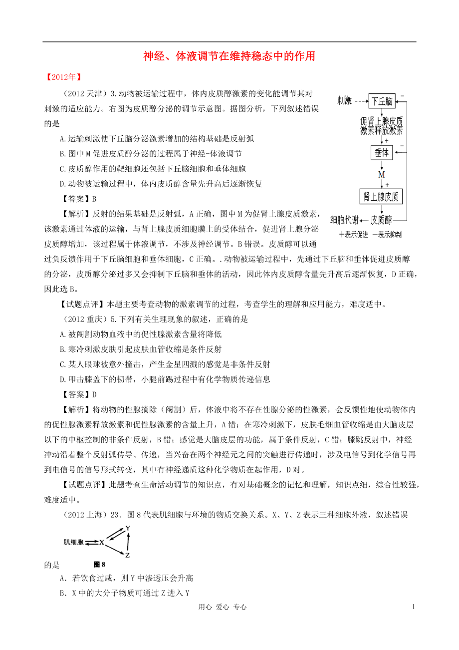 07126年高考生物真題按知識點分類匯編 神經、體液調節(jié)在維持穩(wěn)態(tài)中的作用_第1頁