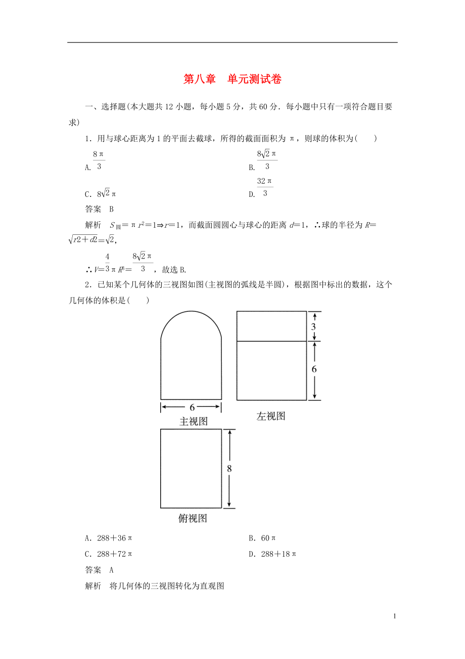 【高考調(diào)研】屆高考數(shù)學(xué)一輪復(fù)習(xí)課時(shí)作業(yè) 第八章　單元測試卷 理 新人教版_第1頁