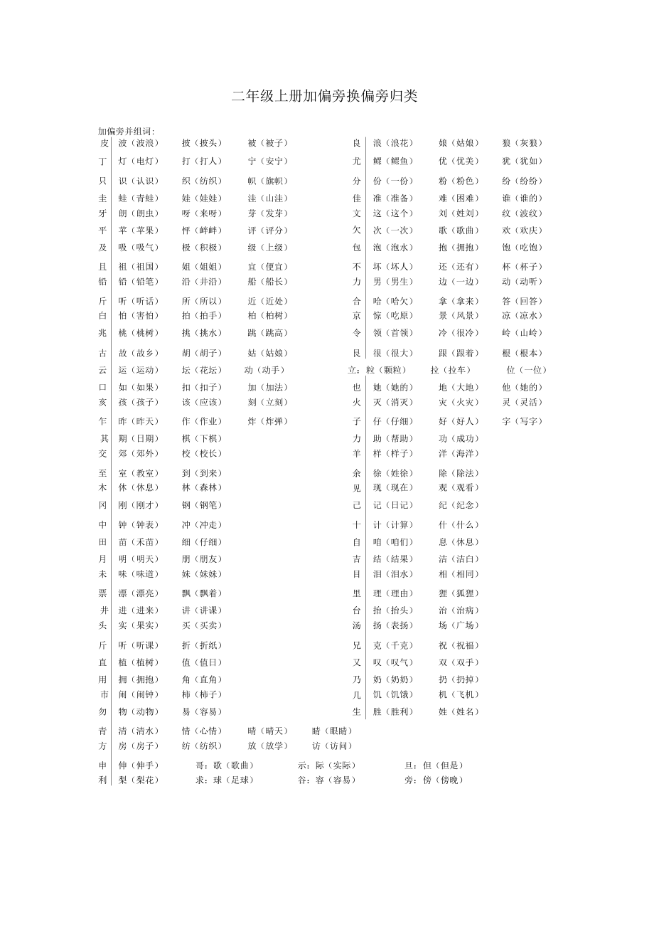 小学二年级上册加偏旁换偏旁归类可下载