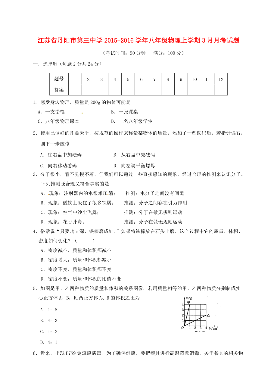 江蘇省某知名中學(xué)八年級(jí)物理上學(xué)期3月月考試題 蘇科版2_第1頁(yè)