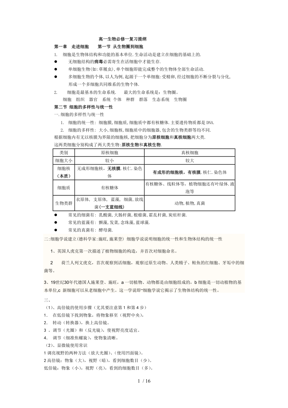 高一生物必修一复习提纲Word版_第1页