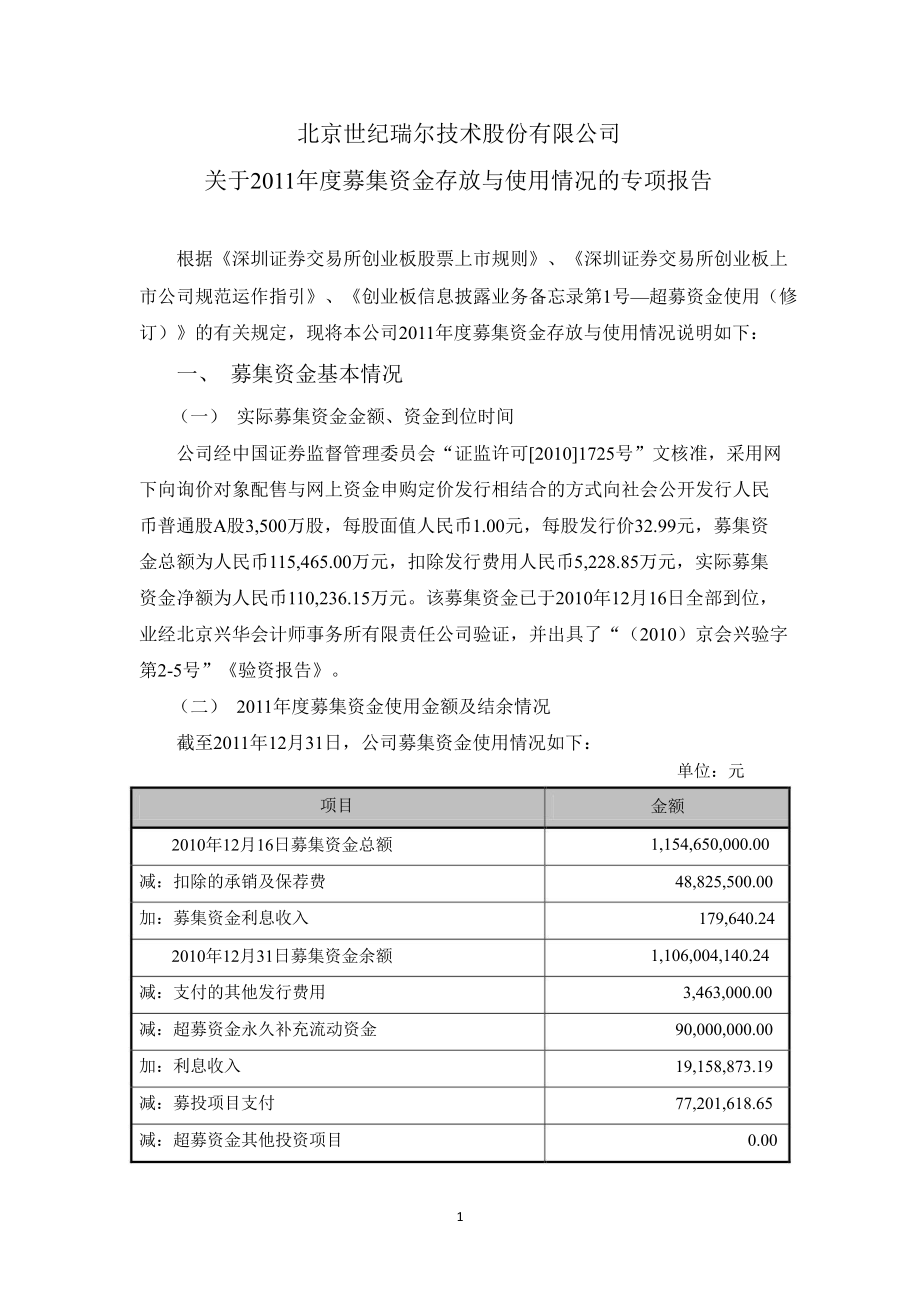 世纪瑞尔：关于募集资金存放与使用情况的专项报告_第1页