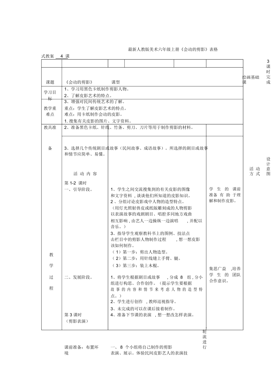 人教版美術(shù)六年級(jí)上冊(cè)《會(huì)動(dòng)的剪影》表格式教案_第1頁