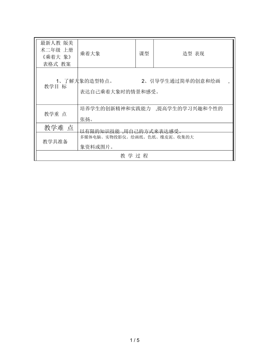 人教版美術二年級上冊《乘著大象》表格式教案_第1頁