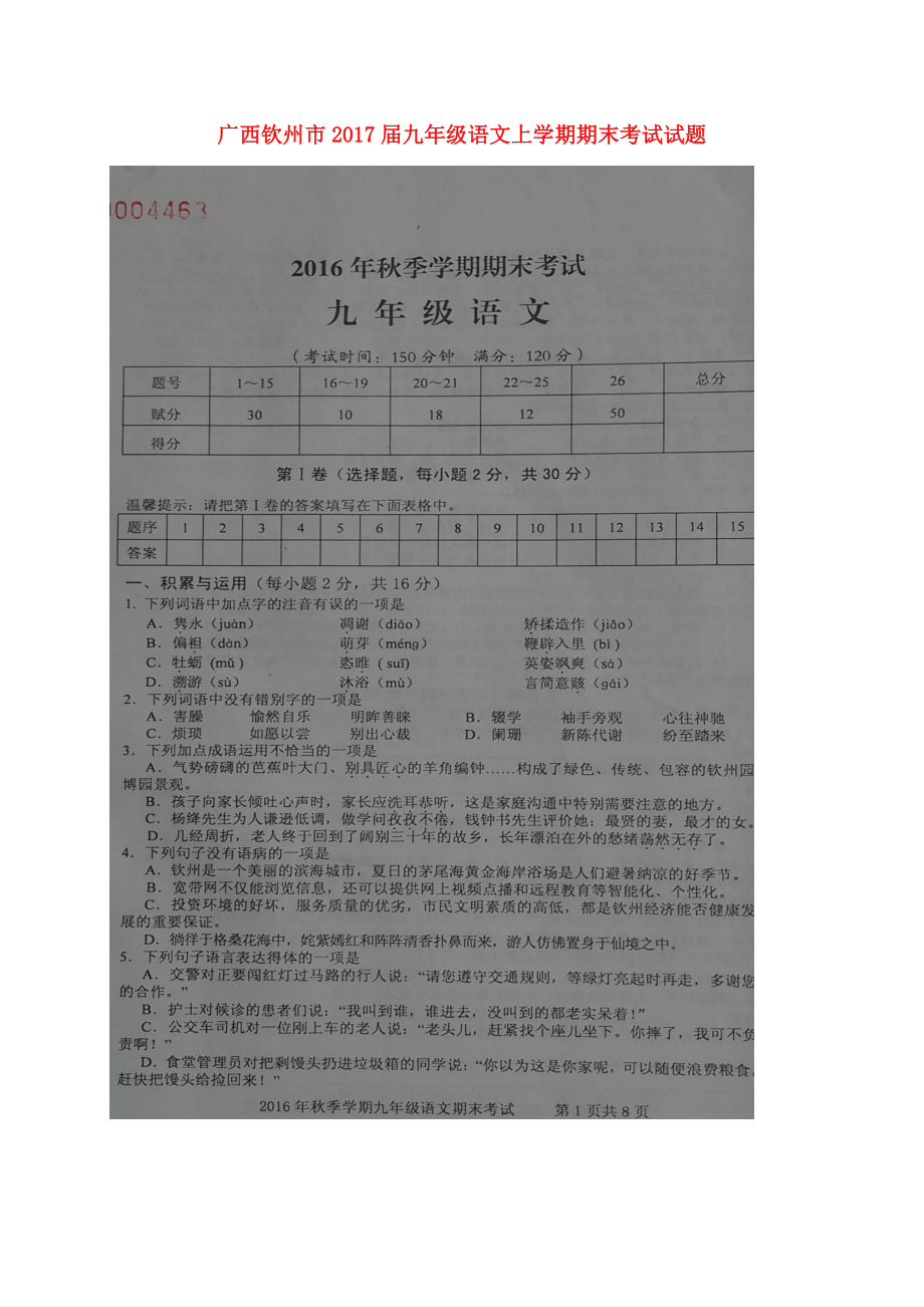 广西钦州市九年级语文上学期期末考试试题扫描版 新人教版_第1页