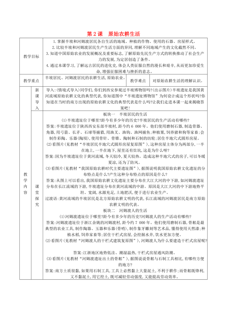 七年級(jí)歷史上冊(cè) 第2課 原始農(nóng)耕生活教案 新人教版_第1頁(yè)