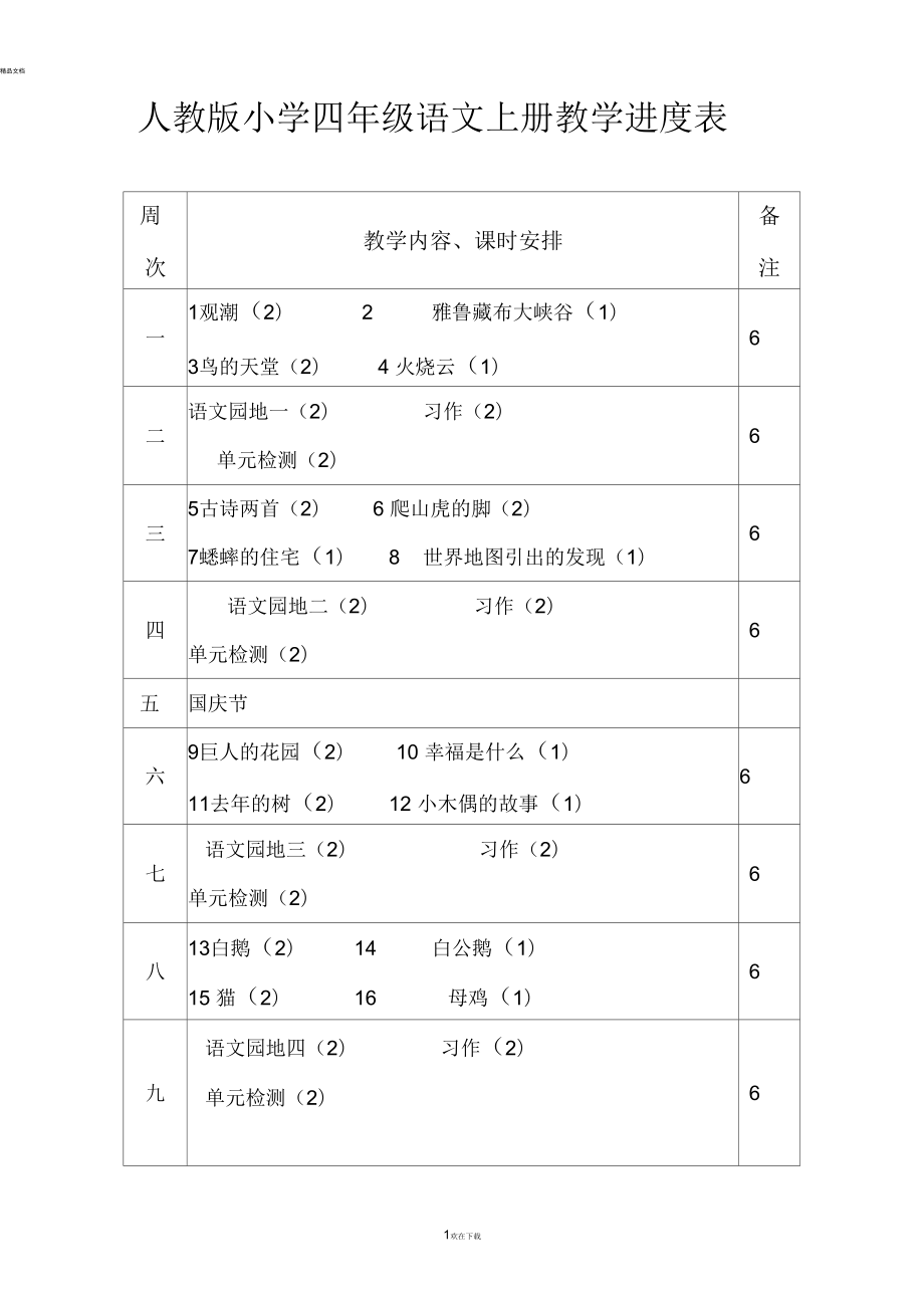 人教版小学四年级语文上册教学进度表_第1页