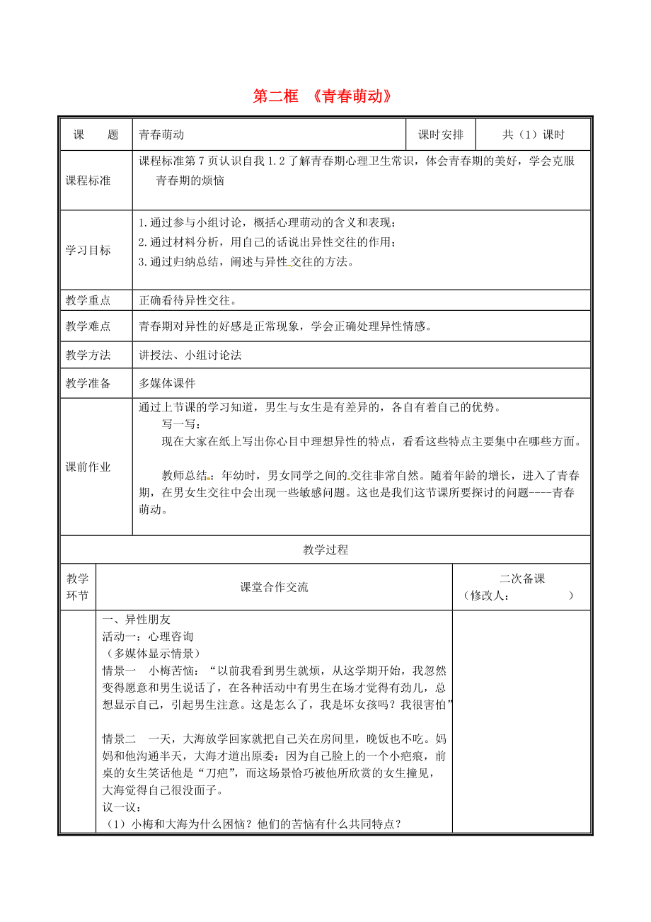 河南省中牟縣七年級(jí)道德與法治下冊(cè) 第一單元 青時(shí)光 第二課 青的心弦 第2框 青萌動(dòng)教案 新人教版_第1頁(yè)