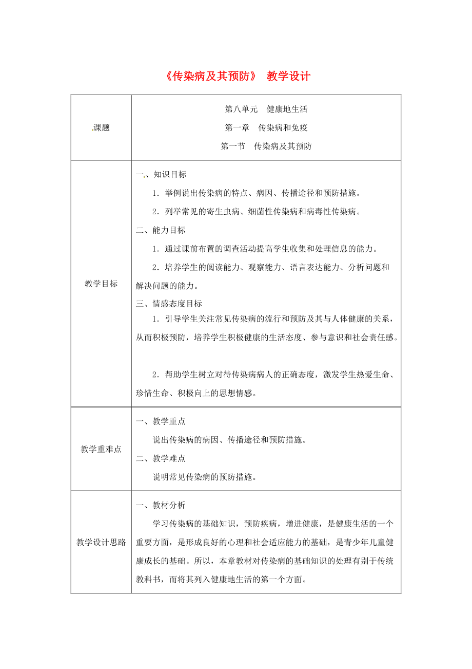 吉林省榆樹市八年級(jí)生物下冊(cè) 第八單元 第一章 第一節(jié) 傳染病及其預(yù)防教案 新版新人教版_第1頁