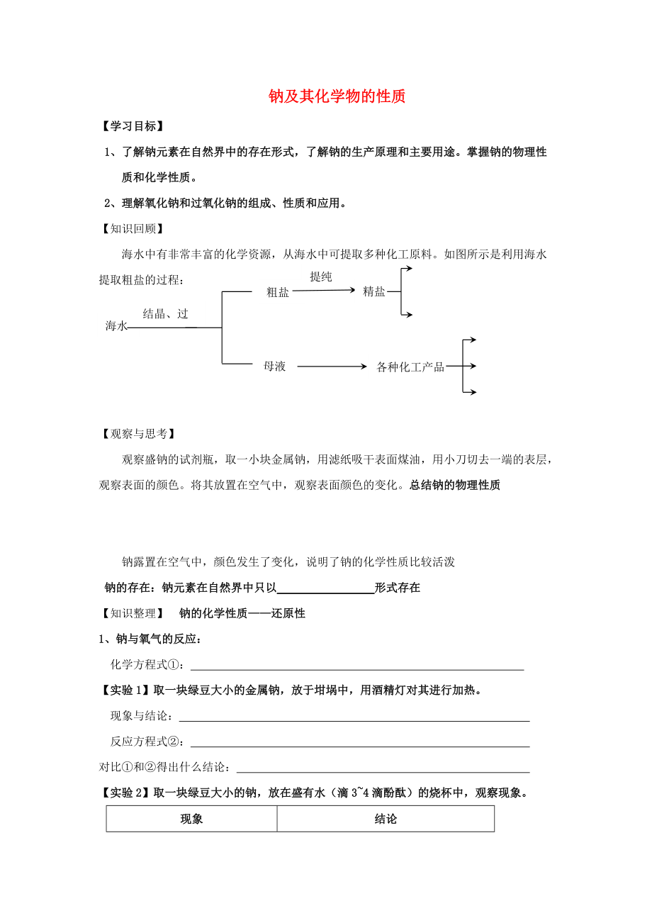 浙江省臺(tái)州市路橋區(qū)高中化學(xué) 專題二 從海水中獲得的化學(xué)物質(zhì) 第二單元 鈉、鎂及其化合物 2.6 鈉的性質(zhì)學(xué)案無答案蘇教版必修1_第1頁