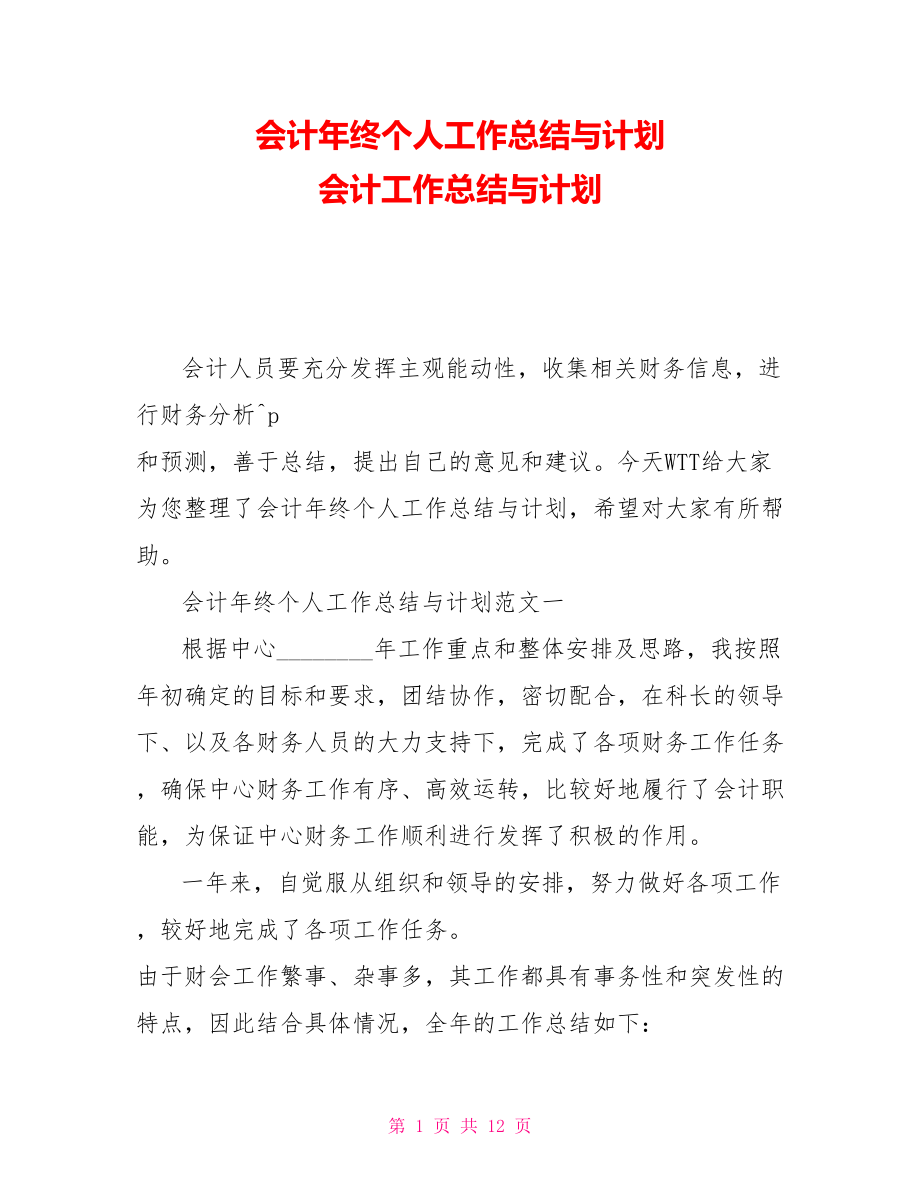 会计年终个人工作总结与计划 会计工作总结与计划_第1页