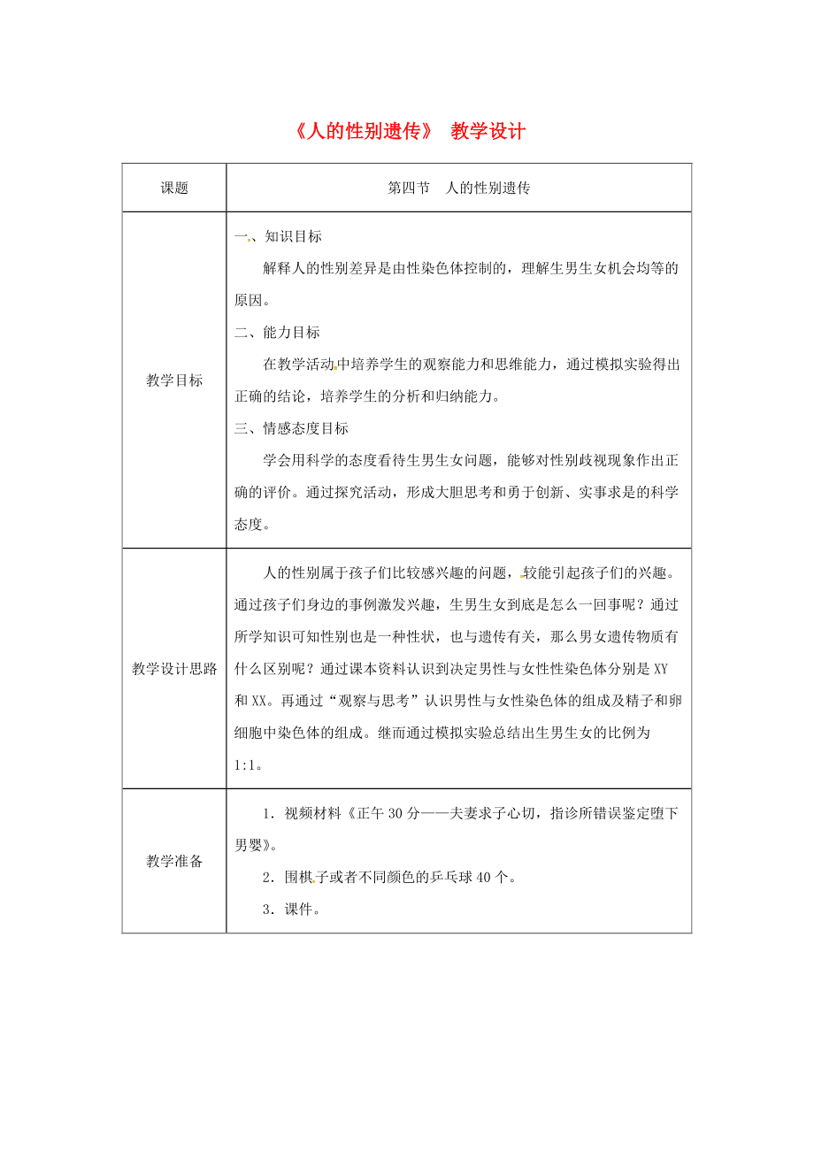 吉林省榆樹市八年級(jí)生物下冊(cè) 第七單元 第二章 第四節(jié) 人的性別遺傳教案 新版新人教版_第1頁(yè)