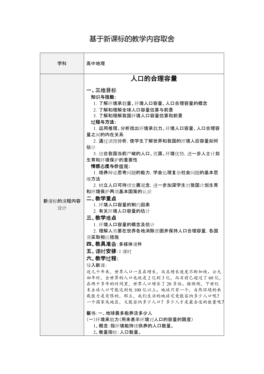 【作業(yè)表單】基于新課標(biāo)的教學(xué)內(nèi)容取舍-人口的合理容量_第1頁