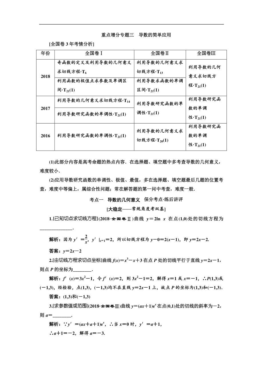 二輪復(fù)習(xí)數(shù)學(xué)文通用版講義：第一部分 第二層級(jí) 重點(diǎn)增分專題三 導(dǎo)數(shù)的簡(jiǎn)單應(yīng)用 Word版含解析_第1頁(yè)