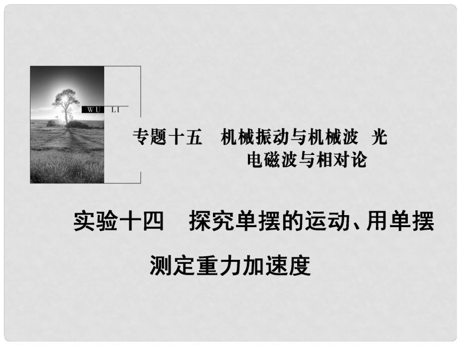 高考物理一輪復習 第十五章 機械振動與機械波 光 電磁波與相對論 實驗14 探究單擺的運動、用單擺測定重力加速度課件_第1頁