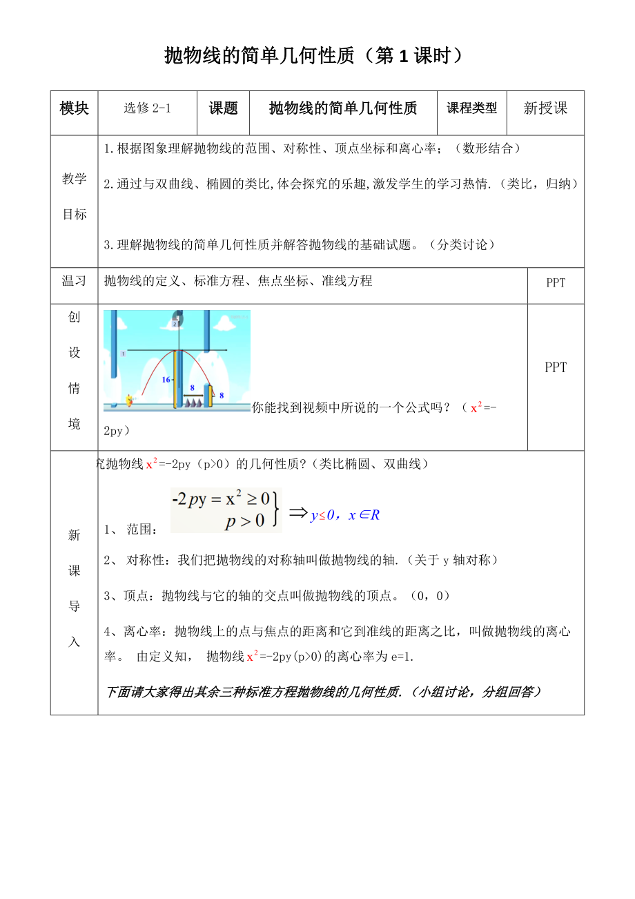 《拋物線的簡單幾何性質(zhì)》教學實施方案_第1頁