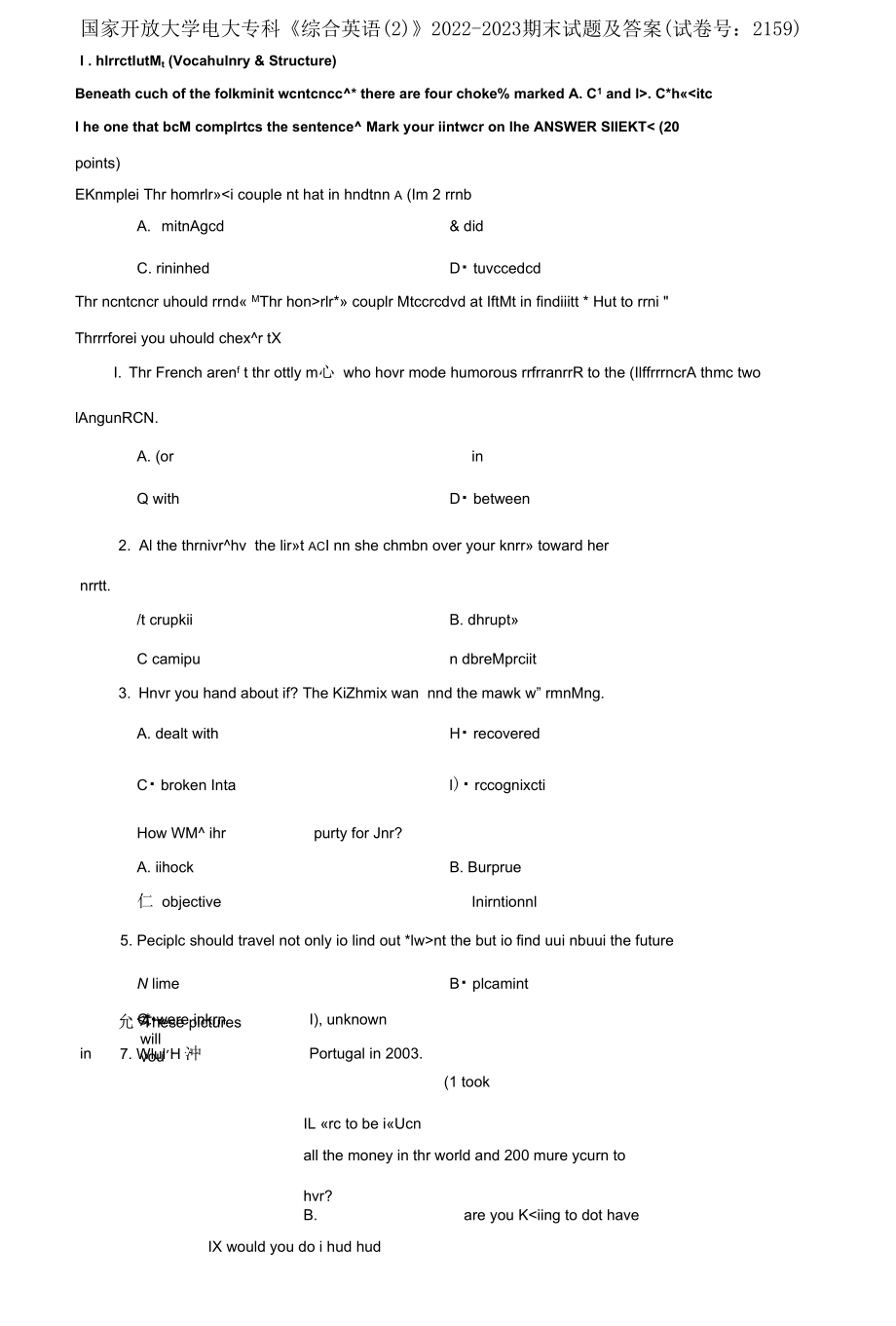 国家开放大学电大专科《综合英语(2)》2022-2023期末试题及答案(试卷号：2159)_第1页