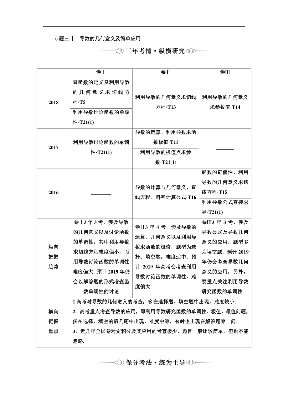 二輪復(fù)習(xí)數(shù)學(xué)理重點(diǎn)生通用版講義：第一部分 專題三 導(dǎo)數(shù)的幾何意義及簡(jiǎn)單應(yīng)用 Word版含解析_第1頁