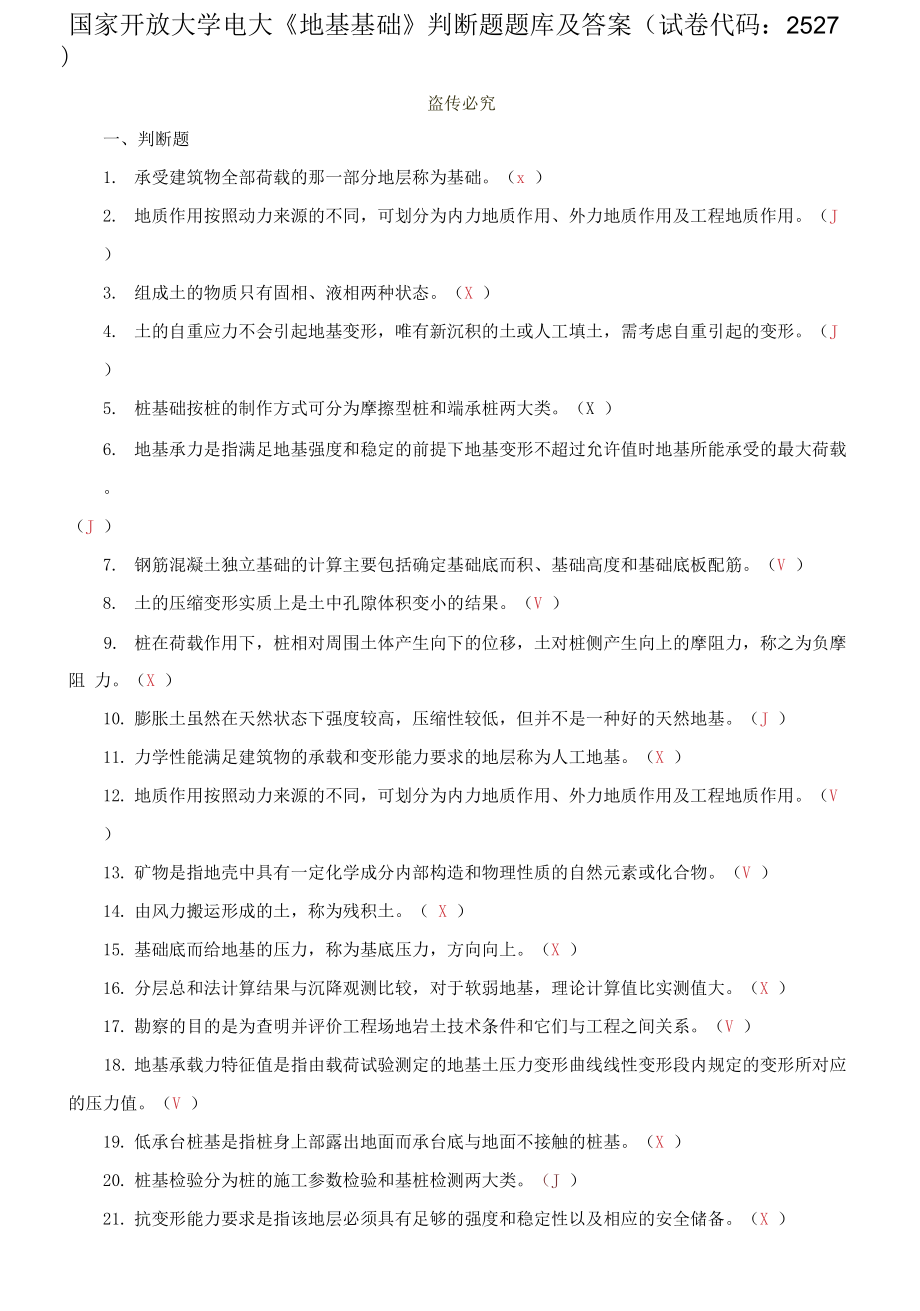 國家開放大學(xué)電大《地基基礎(chǔ)》判斷題題庫及答案_第1頁