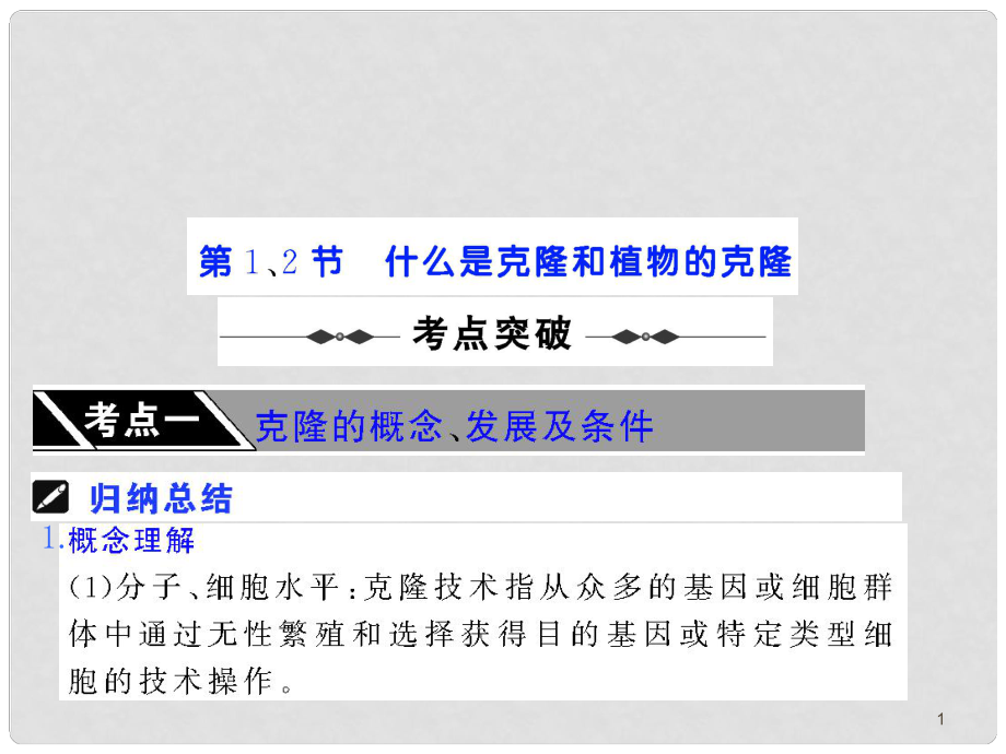 高三生物一轮复习课件 选修3第二章第1、2节什么是克隆和植物的克隆_第1页