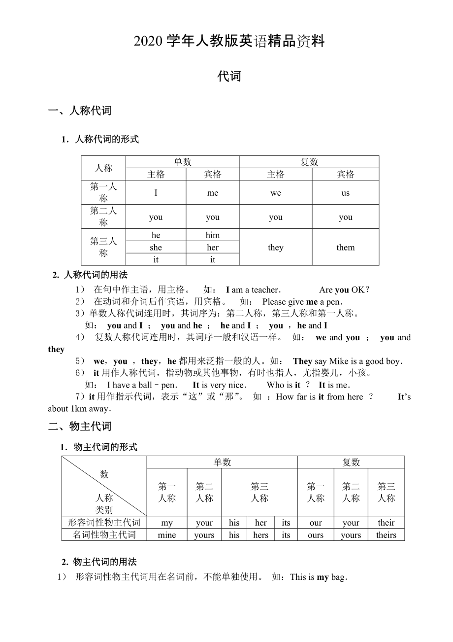 2020人教版新目標(biāo) Unit 3小升初英語(yǔ)專項(xiàng)：代詞_第1頁(yè)