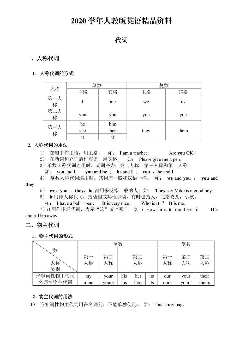 2020人教版新目标 Starter Unit 3小升初英语专项：代词_第1页