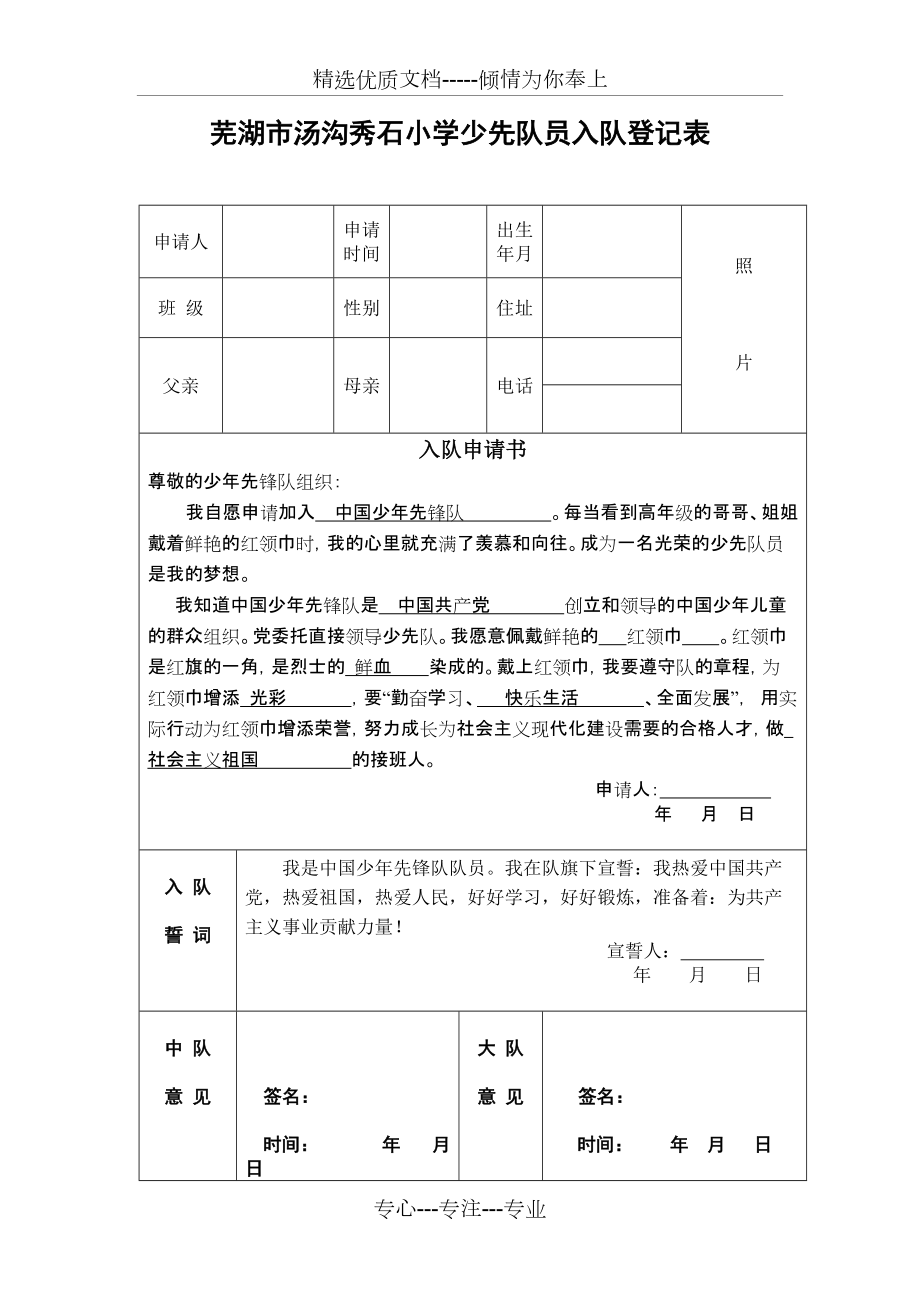 少先队队员登记表图片