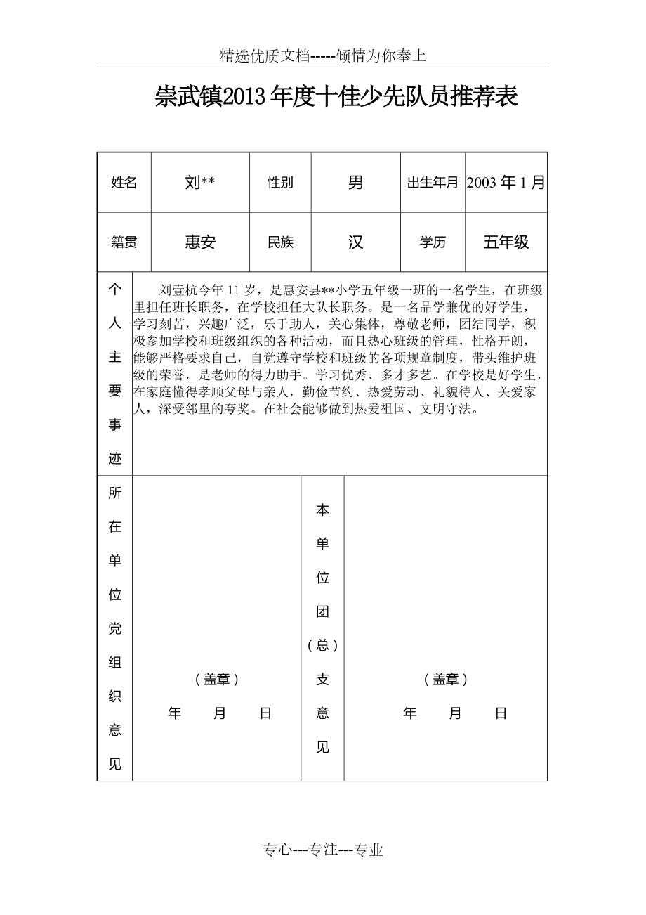 优秀少先队员推荐表图片