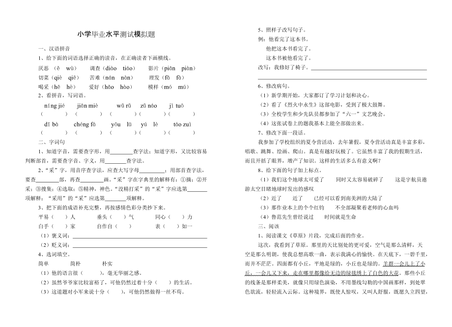 小学毕业水平测试模拟题（二）[共2页]_第1页