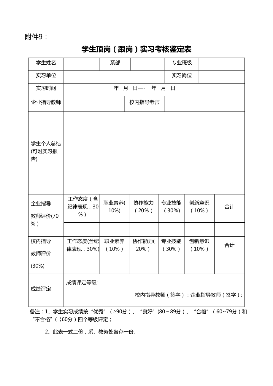 学生顶岗跟岗实习考核鉴定表