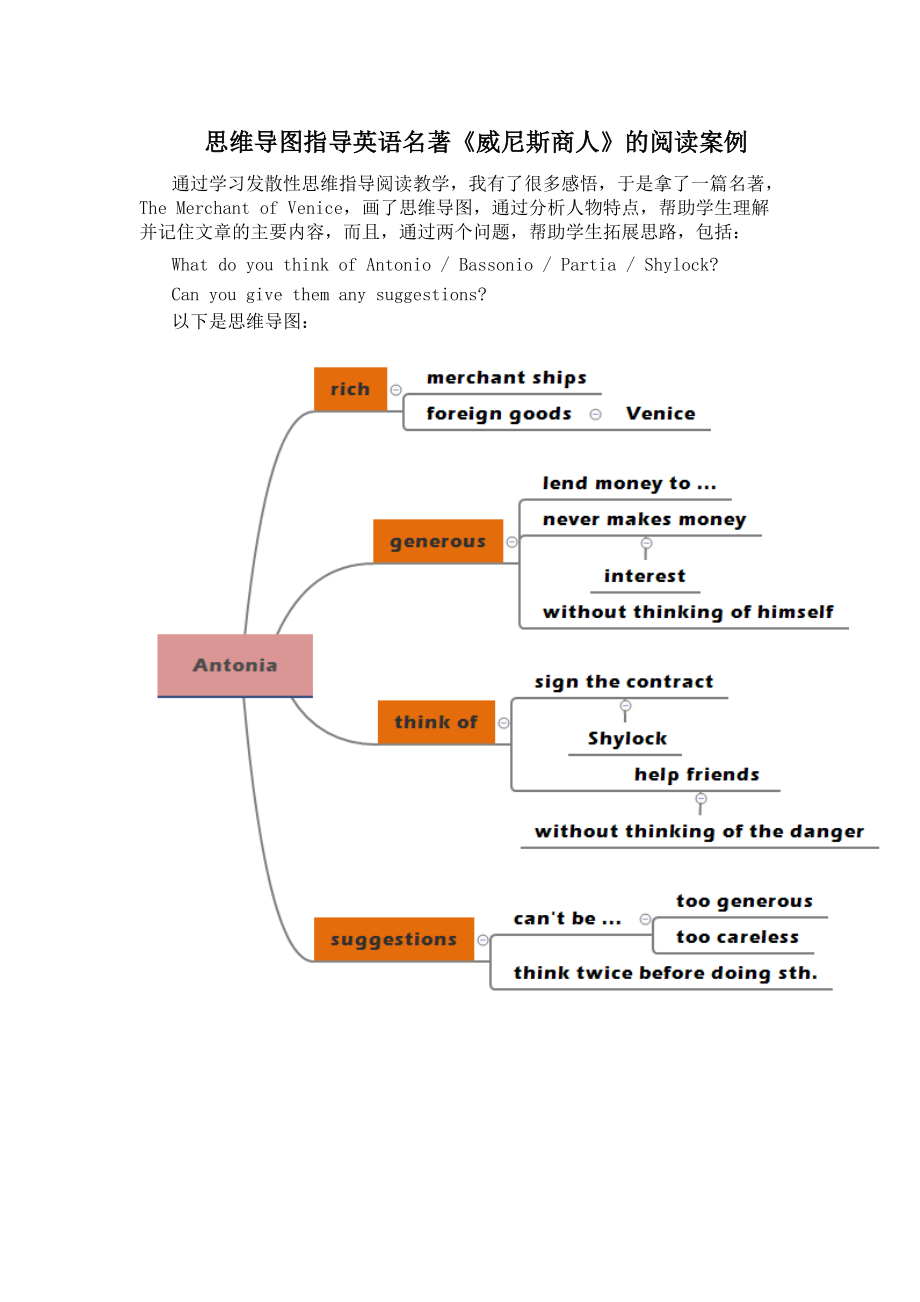 思维导图指导英语名著威尼斯商人的阅读案例