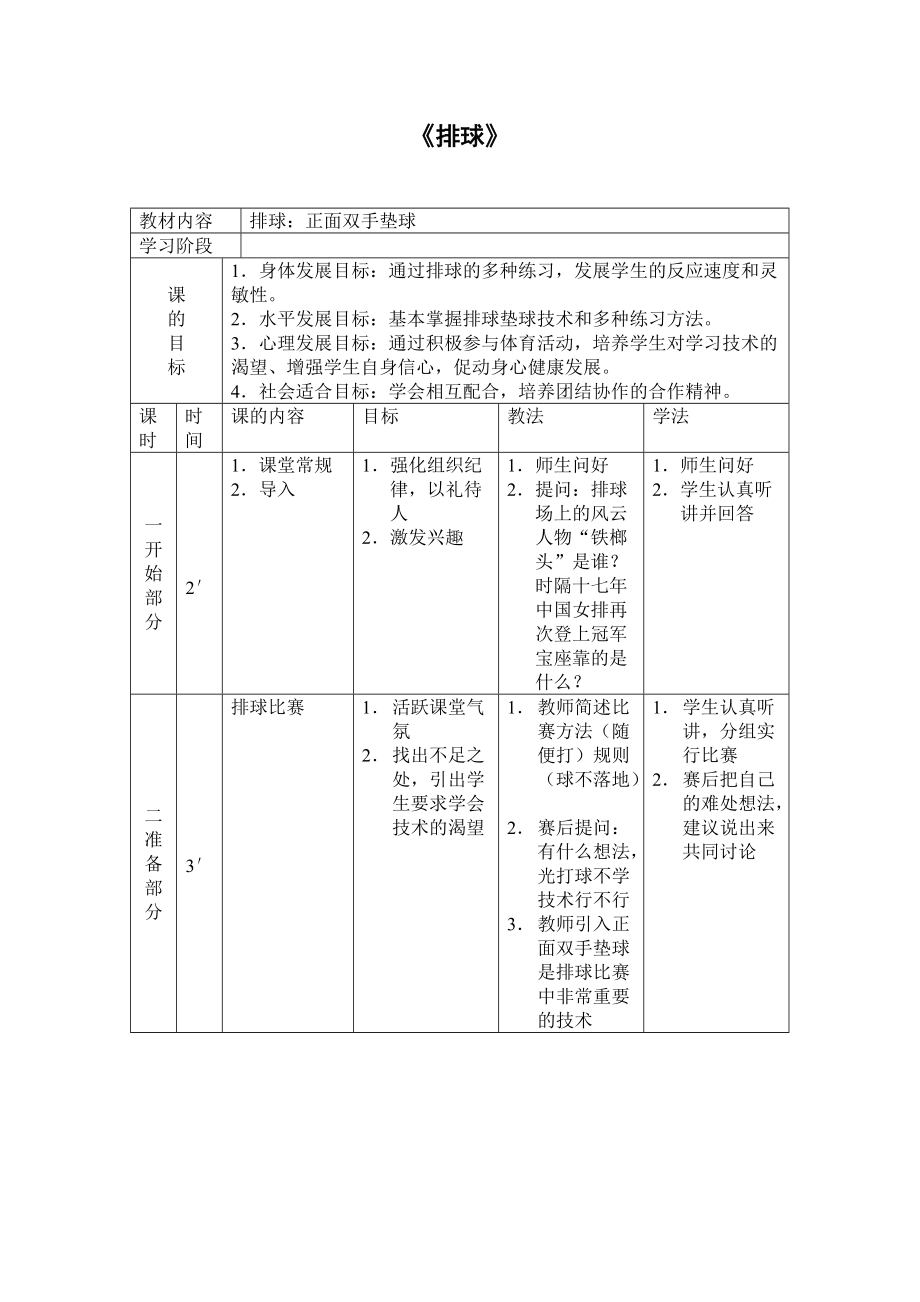 《排球》教學設計 樊自力_第1頁