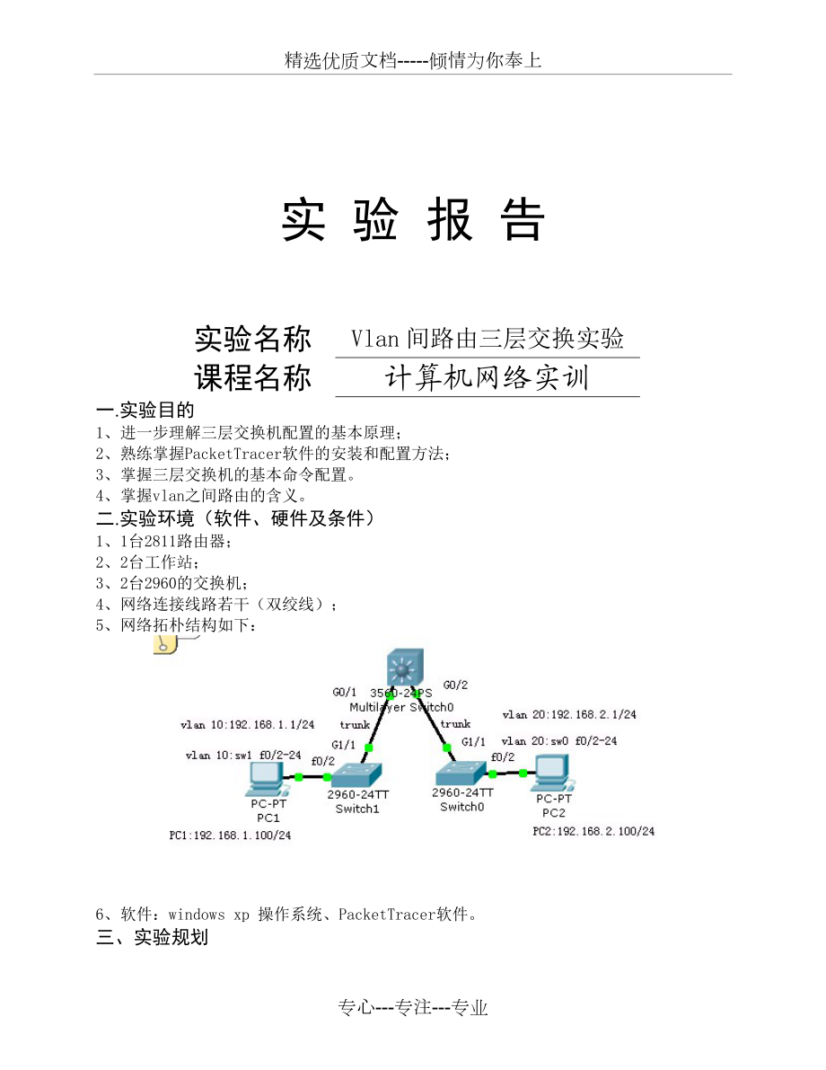 vlan間通信三層交換機路由實驗報告共6頁