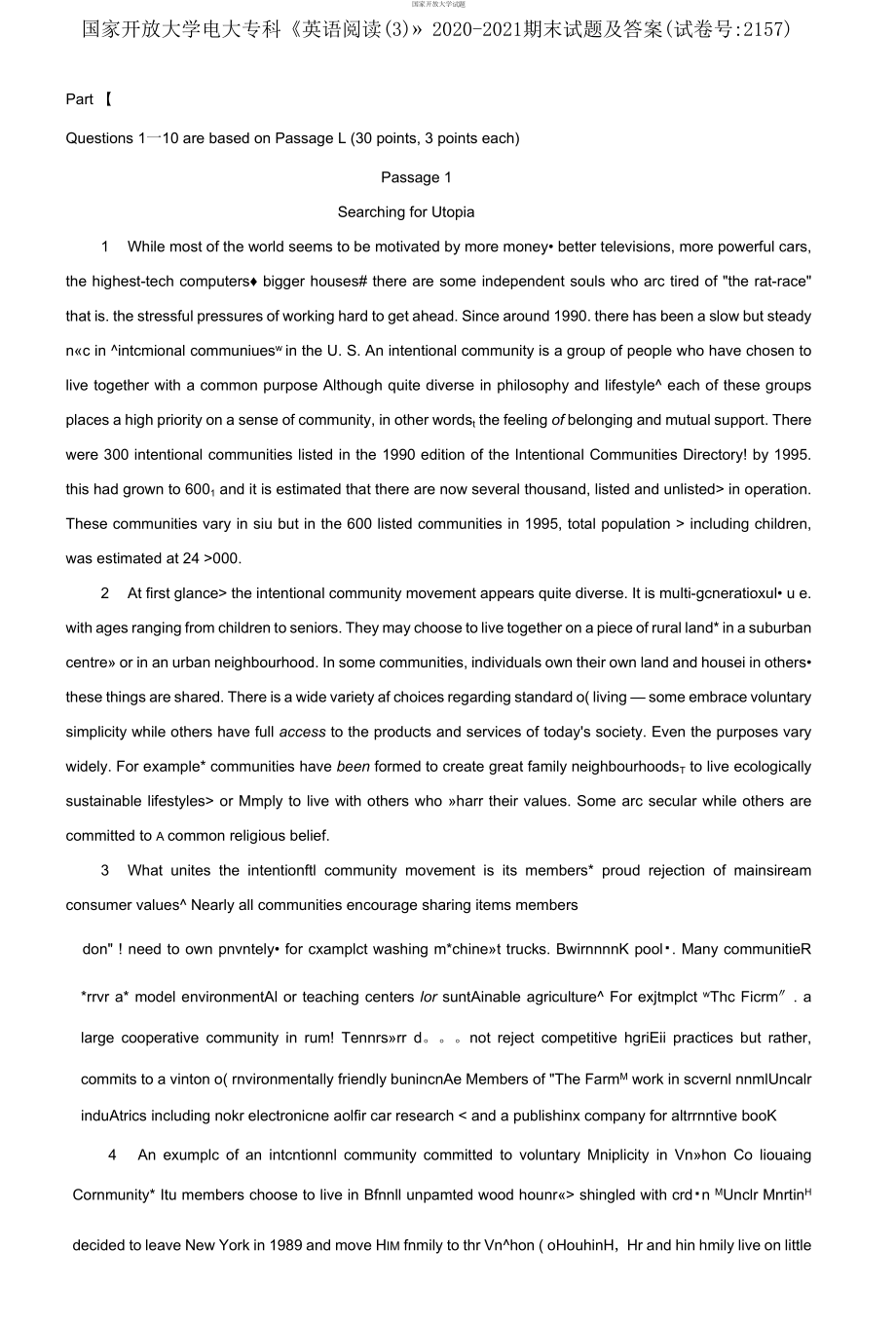 國(guó)家開(kāi)放大學(xué)電大專(zhuān)科《英語(yǔ)閱讀3》2020-2021期末試題及答案試卷號(hào)：2157_第1頁(yè)