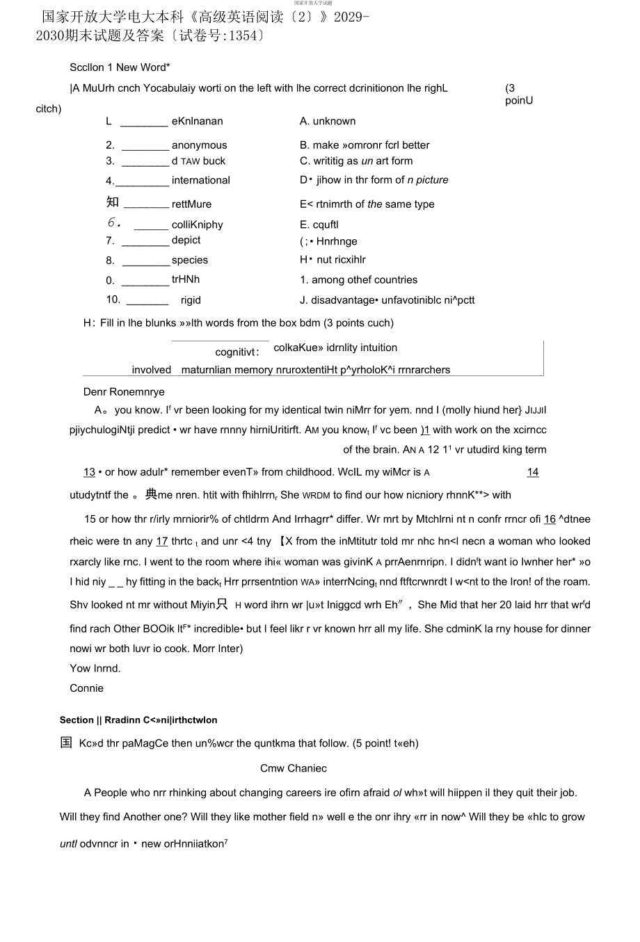 國家開放大學(xué)電大本科《高級英語閱讀（2）》2029-2030期末試題及答案試卷號：_第1頁